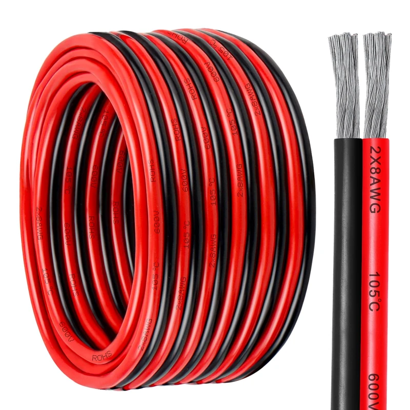 8 Gauge Wire 2 Conductor Tinned Copper Cable, Flexible 8 AWG Marine Wire for Solar Panel, LED Strip, Boat, Automotive, Trailer and Speaker (8 Gauge 100FT)