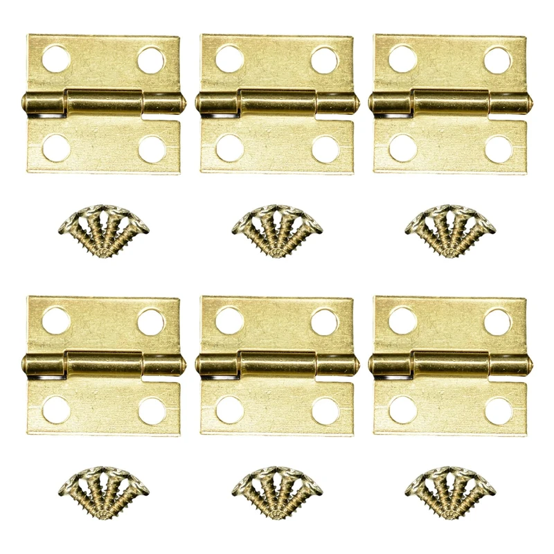 YXIING 6 Pcs Small Hinges for Wood, Small Brass Cabinet Hinges with 24 Screws for Wood Gates Windows Repair Plate