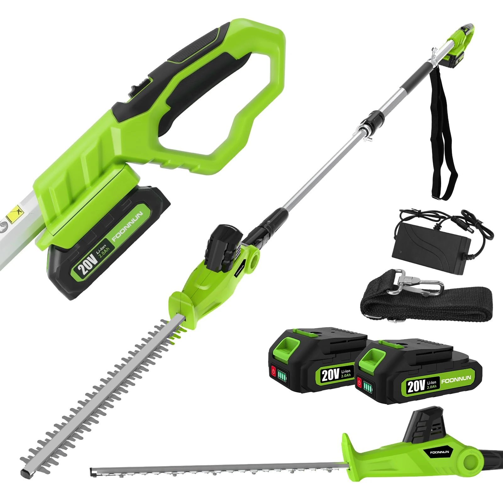 FOONNUN 20V Cordless Pole Hedge Trimmer, 2 * 2.0Ah Li-ion Battery & Charger, Dual Action Blades, Telescopic Cutter for Hedges, 110° Adjustable Head, Long Reach 2.4m Extension Pole with Shoulder Strap