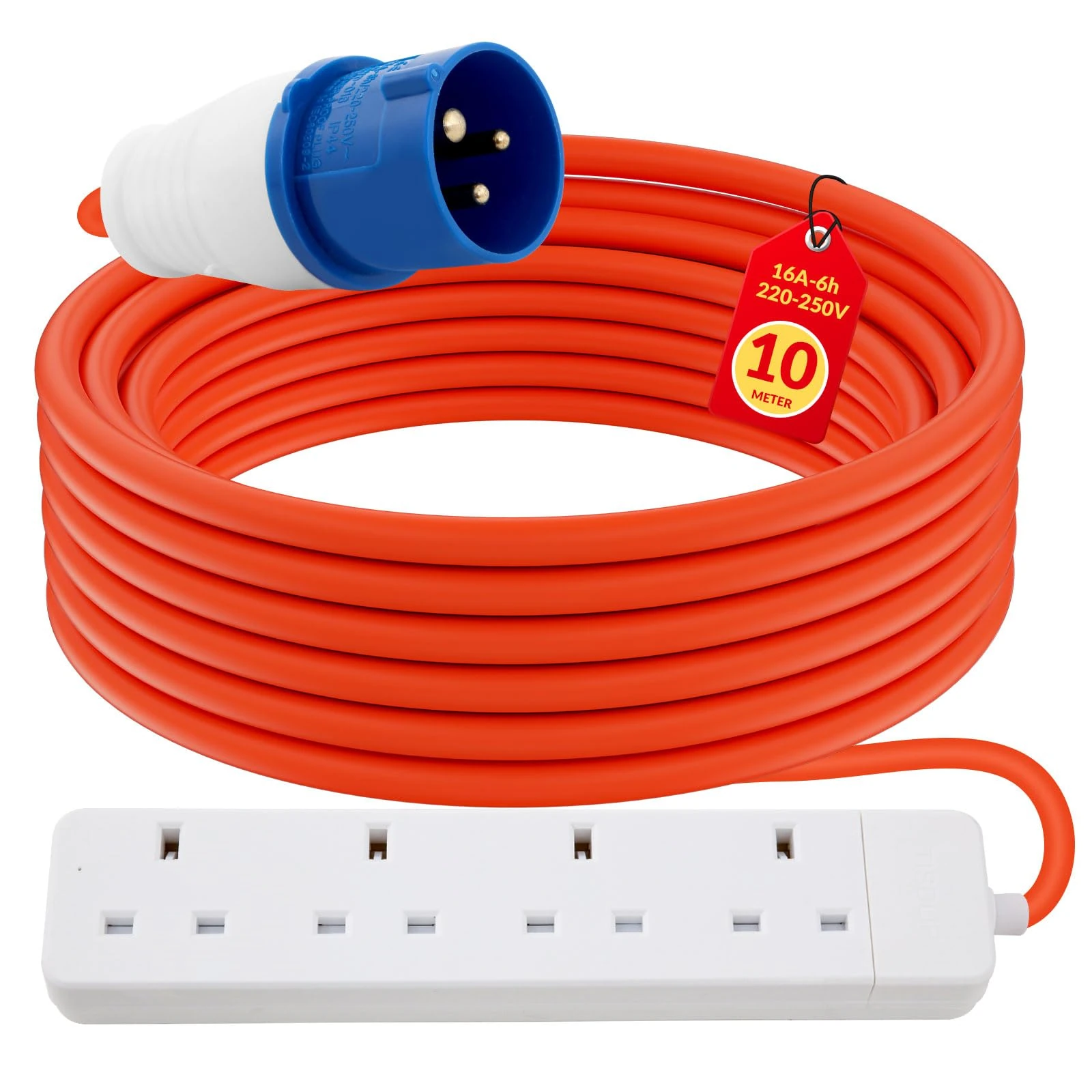 4 Gang Electric Hook Up for Camping,10 Metres 16A to 13A Extension Lead,Heavy Duty-250V Mains Lead for Caravans,Mobile Homes,Motorhomes