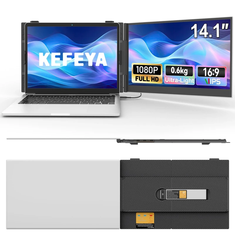KEFEYA 14.1” Portable Monitor, 0.6Kg Slim-Light Laptop Screen Extender, Built-in Upgrade Pivot Stand, FHD Travel Monitor for 13”-17.3” Laptops, Plug & Play Work with Mac/Win/DEX/HUAWEI