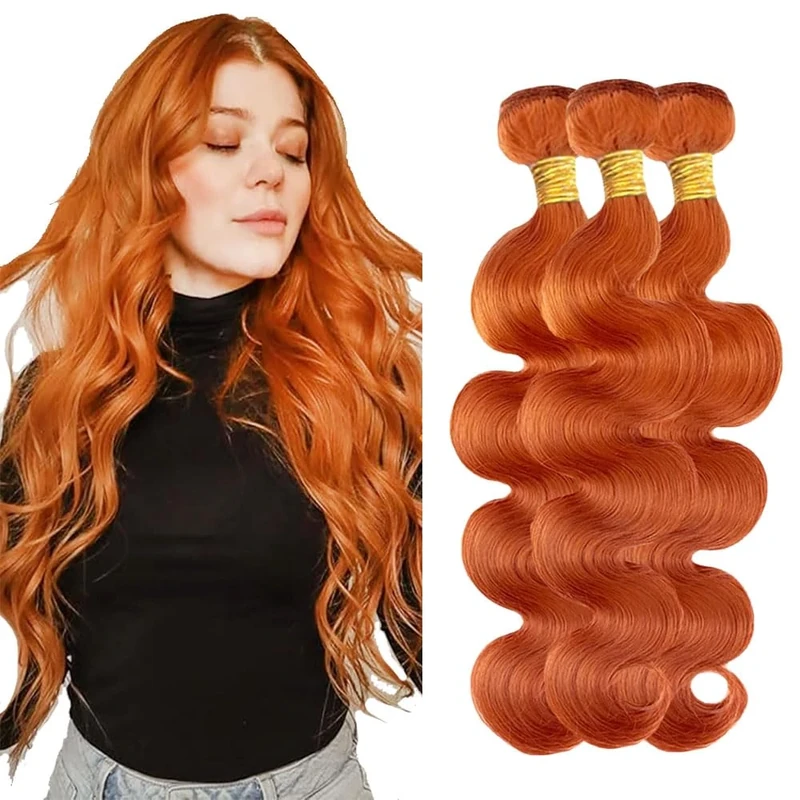 Jucames Body Wave #350 Ginger Orange Human Hair Bundles Double Weft Virgin Unprocessed Human Hair Extensions Weave 1 Bundles 50g Total 150g Copper Red Color 22 24 26 Inch