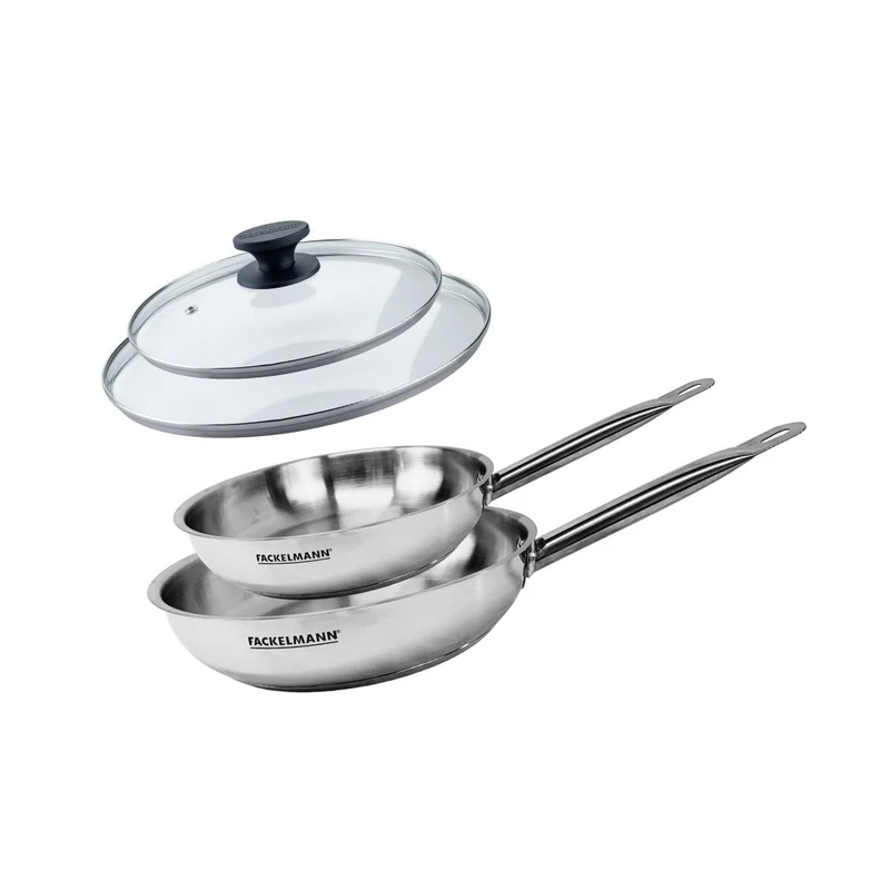 Fackelmann 9438250 2 Frying Pans 24 and 28 cm Stainless Steel 18-8 and 2 Glass Lids Fackelmann Eterna, All Heat Sources Induction Frying Pan, PFAS Free Pan, Riveted Handle, Stainless Steel, Glass