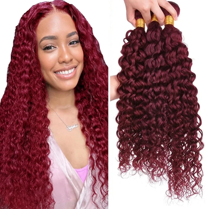 Jucames 24 26 28 Inch Human Hair Extensions Water Wave #99j Wine Red Double Weft Virgin Unprocessed Human Hair Bundles Weave 3 Bundles Total 150g Burgundy Red Color For Women