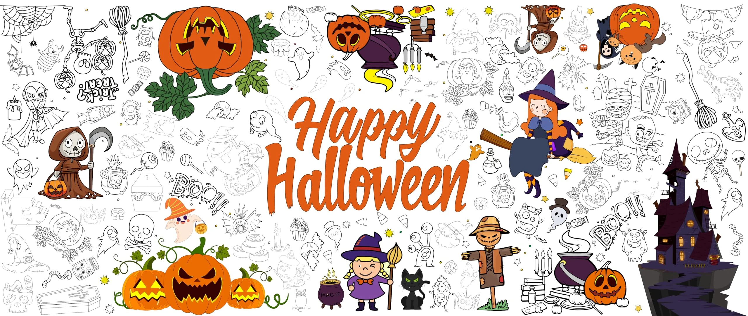 Tbsone Halloween Giant Colouring Tablecloth Poster, Halloween Crafts for Kids, 30 x 72 Inches/182 x 76 cm Jumbo Paper Coloring Banner Gifts for Kids Activities Games Party