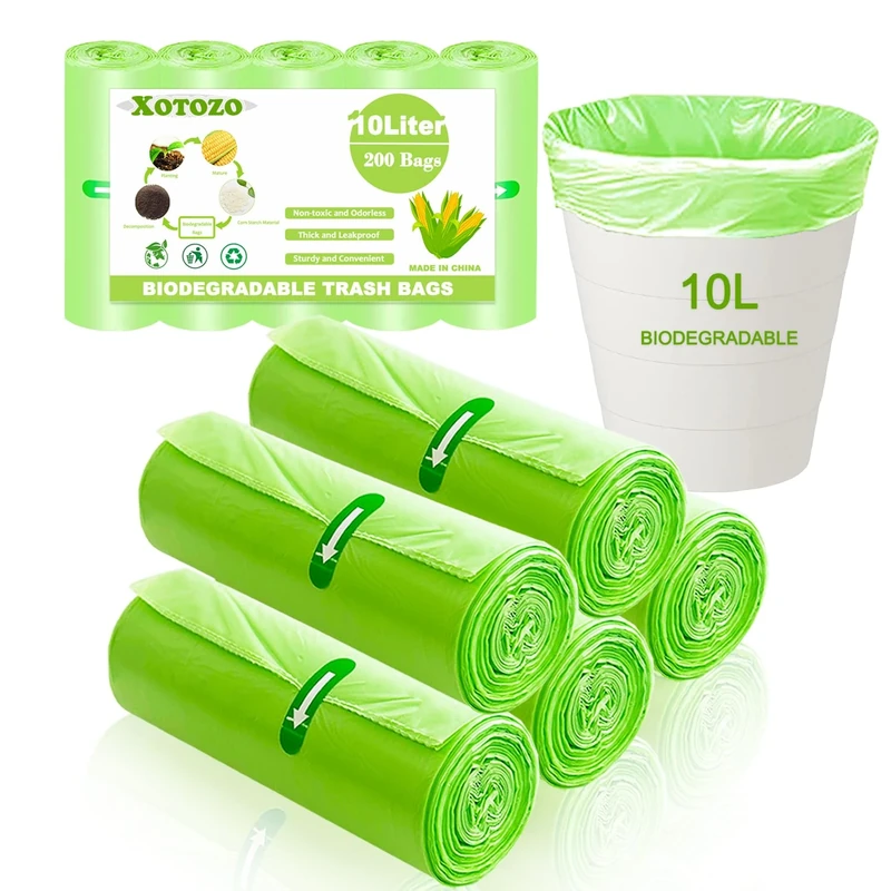 10L Biodegradable Bin Liners 200 pcs, 2.6 Gallon/10 Litre Food Waste Bags Compostable Trash Caddy Liners, Recycled Degradable Rubbish Bag for Kitchen Bathroom Garden Office, Green, 45 x 50cm
