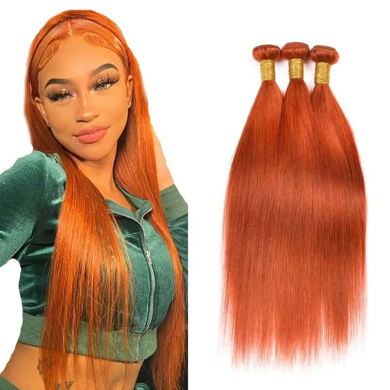Jucames #350 Ginger Orange Human Hair Bundles Straight Double Weft Virgin Unprocessed Human Hair Extensions Weave 1 Bundles 50g Total 150g Copper Red Color For Women 22 24 26 Inch