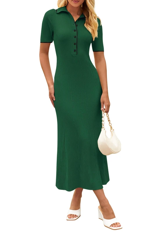 MEROKEETY Women's V Neck Ribbed Knit Maxi Dress Button Short Sleeve Slim Fit Bodycon Sweater Dress, DarkGreen, L