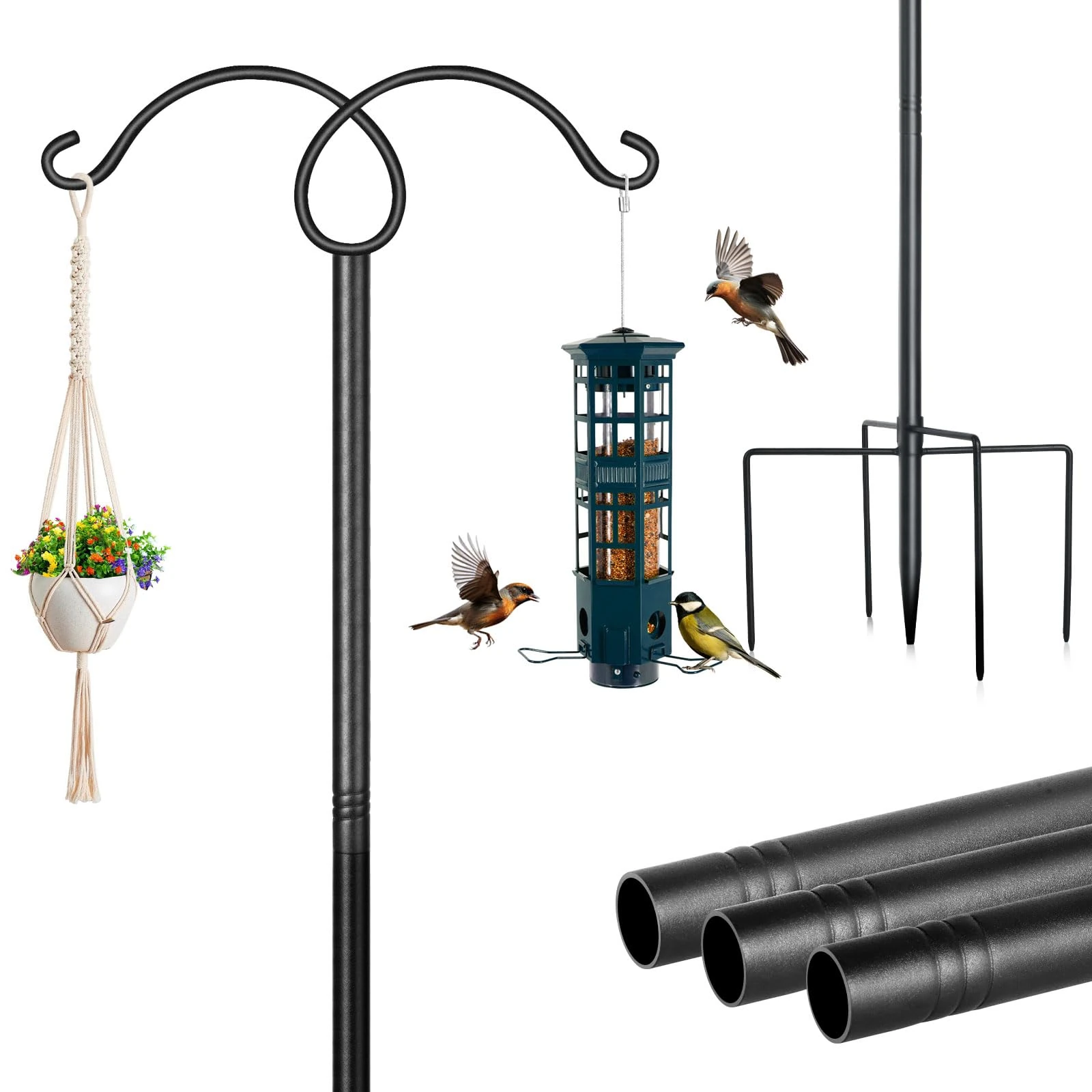 Bird Feeder Hanging Station, 193CM Shepherds Crook Garden Hooks, Free Standing Bird Feeding Poles and Hangers Stand, 1 Pack