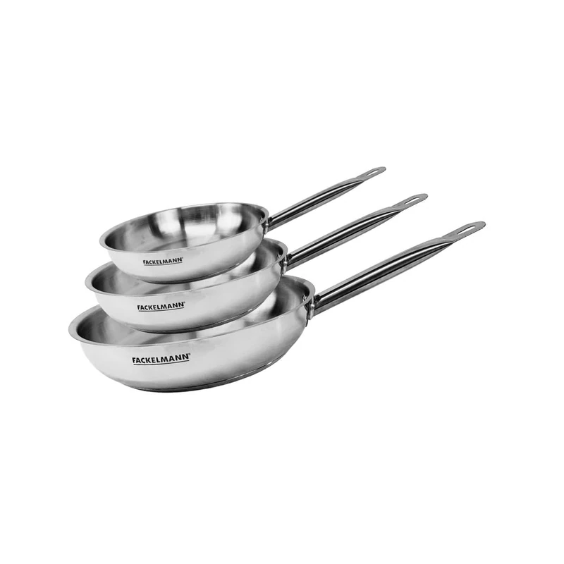 Fackelmann 9437650 Set of 3 Frying Pans 20, 24 and 28 cm Stainless Steel, Cooking Pan, All Heat Source, Induction Frying Pan, PFAS Free Pan, Stainless Steel Handle, Riveted Handle, 18/8 Stainless