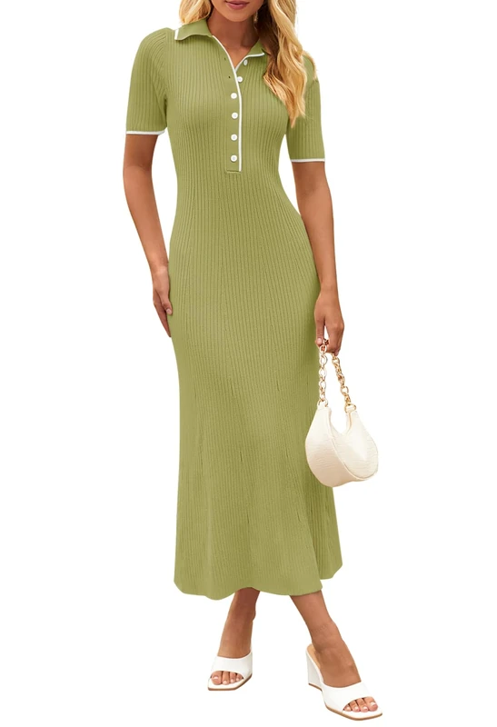 MEROKEETY Women's V Neck Ribbed Knit Maxi Dress Button Short Sleeve Slim Fit Bodycon Sweater Dress, Seagrass, S