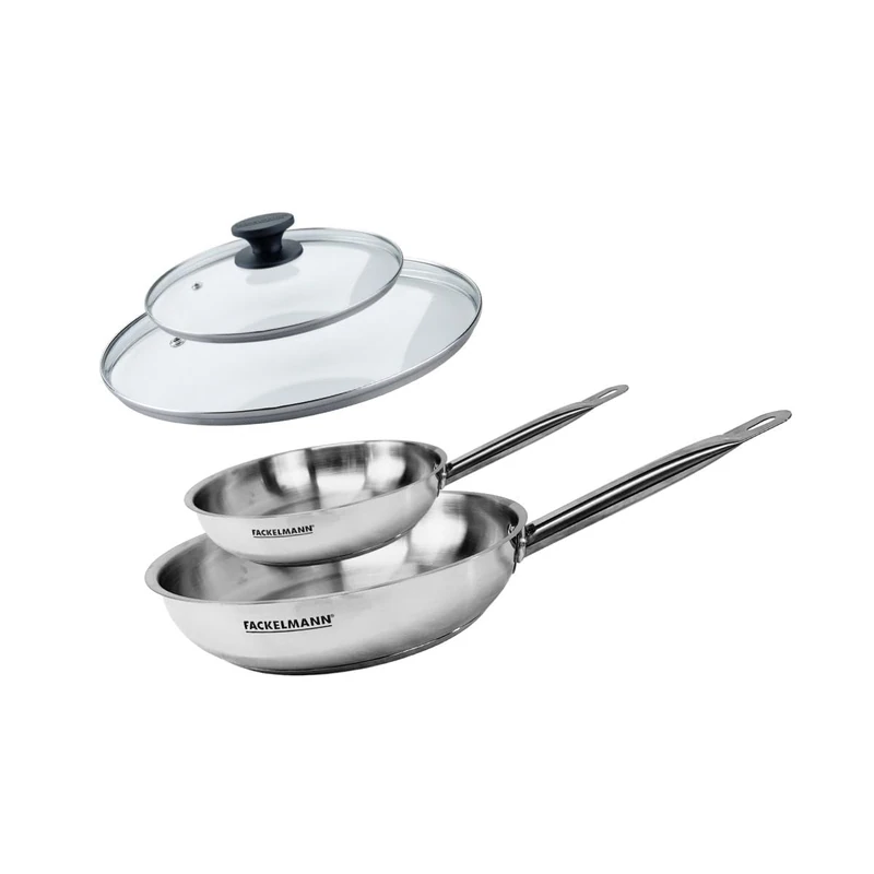 Fackelmann 9438150 2 Frying Pans 20 and 28 cm Stainless Steel 18-8 and 2 Glass Lids Fackelmann Eterna, Induction Frying Pan, PFAS Free Pan, Riveted Handle, Stainless Steel, Glass, Plastic, 20 and 28