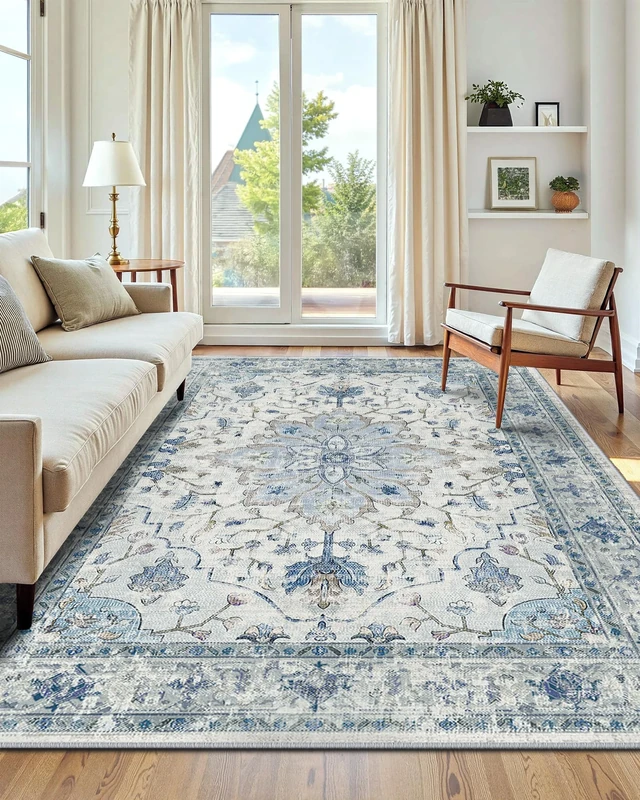 INOVADAY Machine Washable Rugs 150x210 cm Vintage Area Rug Low Pile Anti-Slip Carpet with Print Pattern for Living Room Bedroom Home Office Indoor Blue/Grey