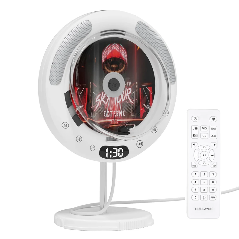 Stand & Wall Mounted CD Player, Bluetooth, FM Radio, USB, AUX, HiFi Stereo Speakers, Portable Music Player with Remote, Timer, Pull Switch, Ideal for Bedroom, Kitchen, Home Audio, With dust cover
