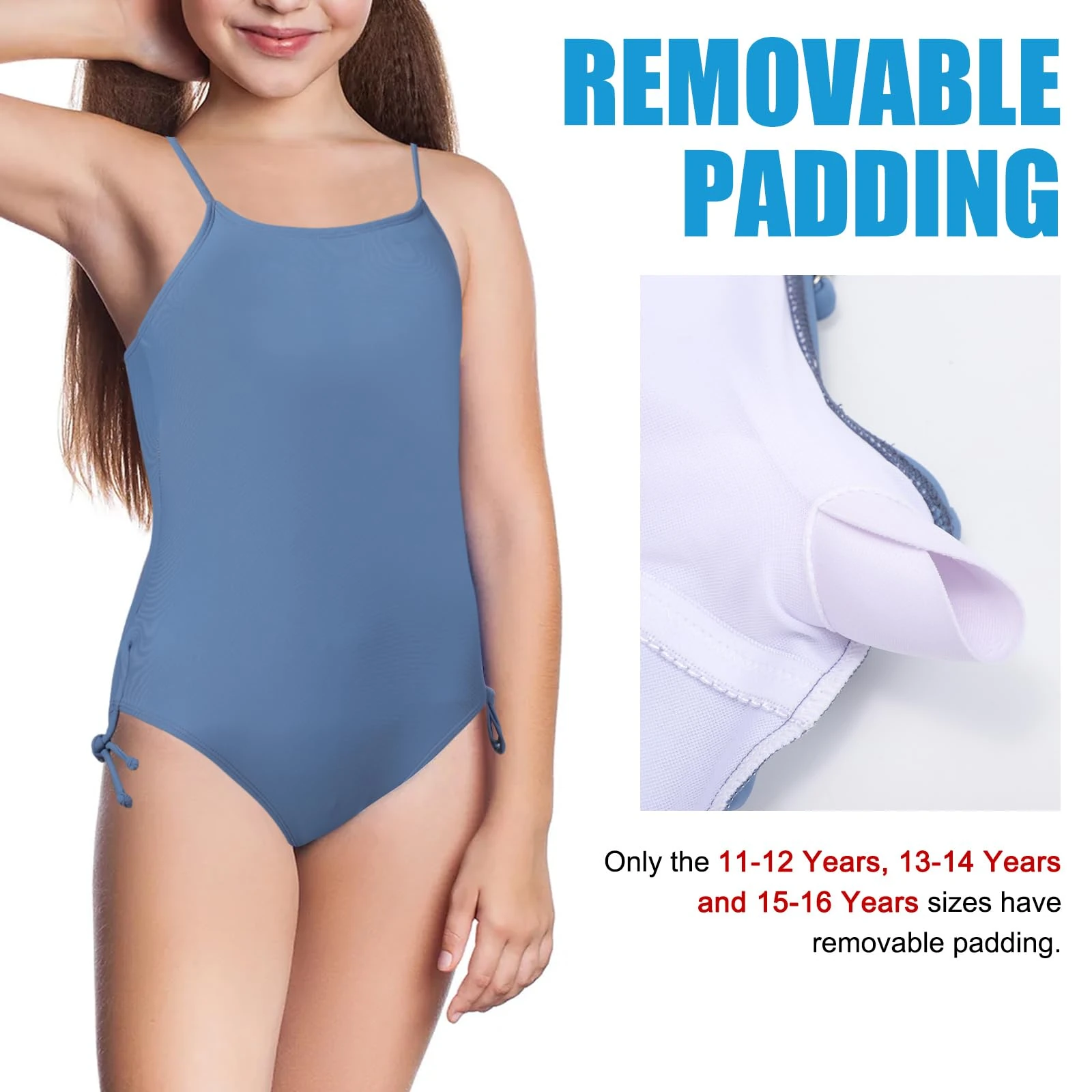 Lancry 7-16 Years Girls Swimming Costume One Piece Kids Swimming Costume Girls Swimsuit Adjustable Spaghetti Strap Swim Suit Kids (with Removable Padding) (UK, Age, 7 Years, 8 Years, Regular, Blue)