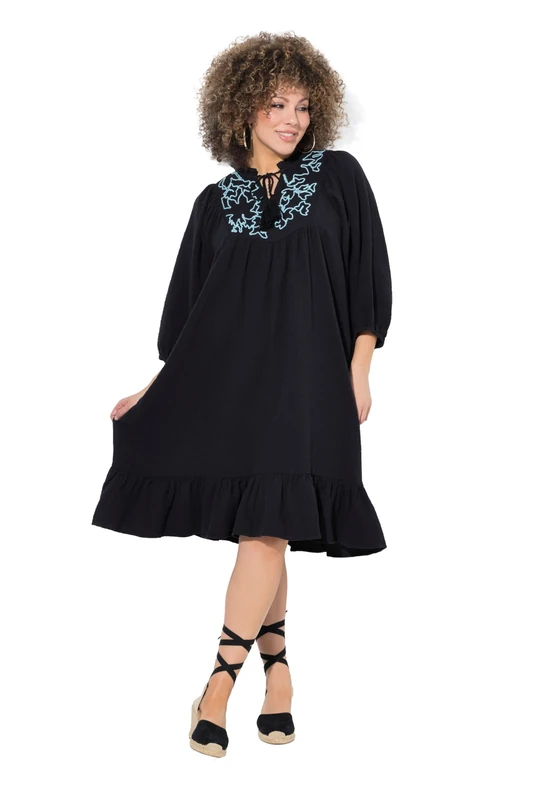 Ulla Popken Ladies Plus Size Plus Size Muslin Dress Embroidery Tunic Neck 3/4 Sleeve 838403, Black, 24-26 - Image 1