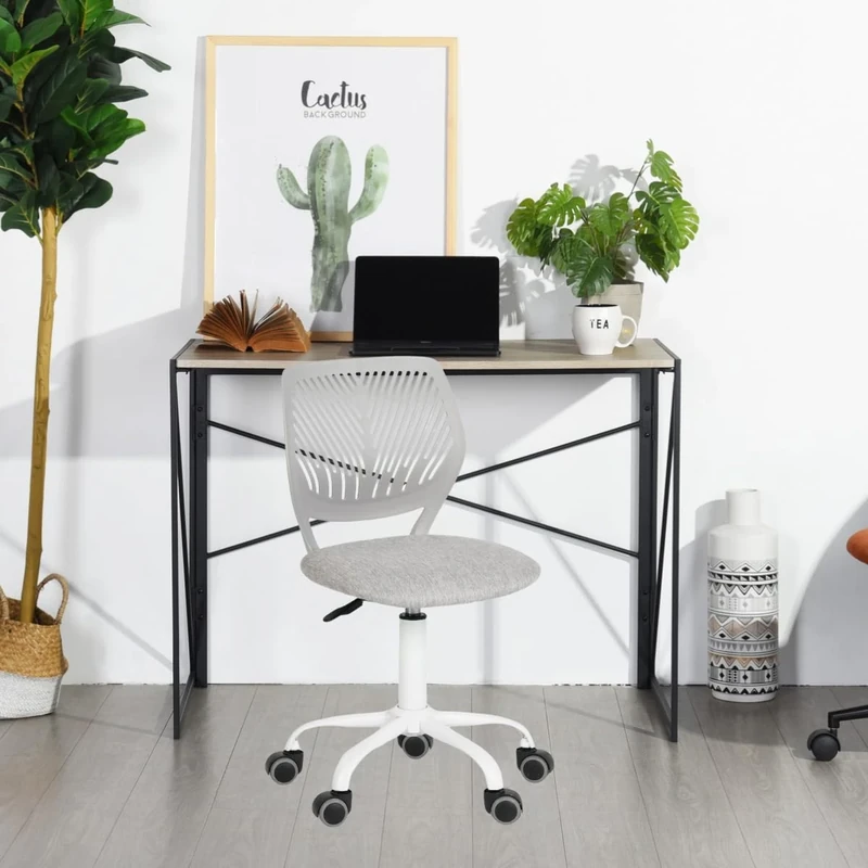 FurnitureR Modern Home Office Desk and Chair Set, 100x50x75 cm Folding Desk, Grey Office Chair with Rolling Wheels Height Adjustable