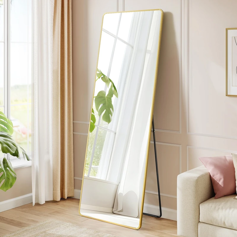 SONGMICS Full Length Mirror, 150 x 40 cm, Rectangle Full Body Mirror with Stand, Aluminium Alloy Frame Floor Mirror, Tempered Glass, for Bedroom, Living Room, Cloakroom, Pale Gold LFM034AB01