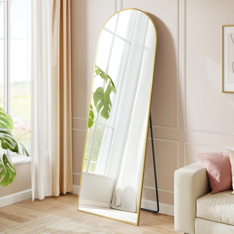 SONGMICS Full Length Mirror, 150 x 40 cm, Arched Full Body Mirror with Stand, Aluminium Alloy Frame Floor Mirror, Tempered Glass, for Bedroom, Living Room, Cloakroom, Pale Gold LFM035AB01