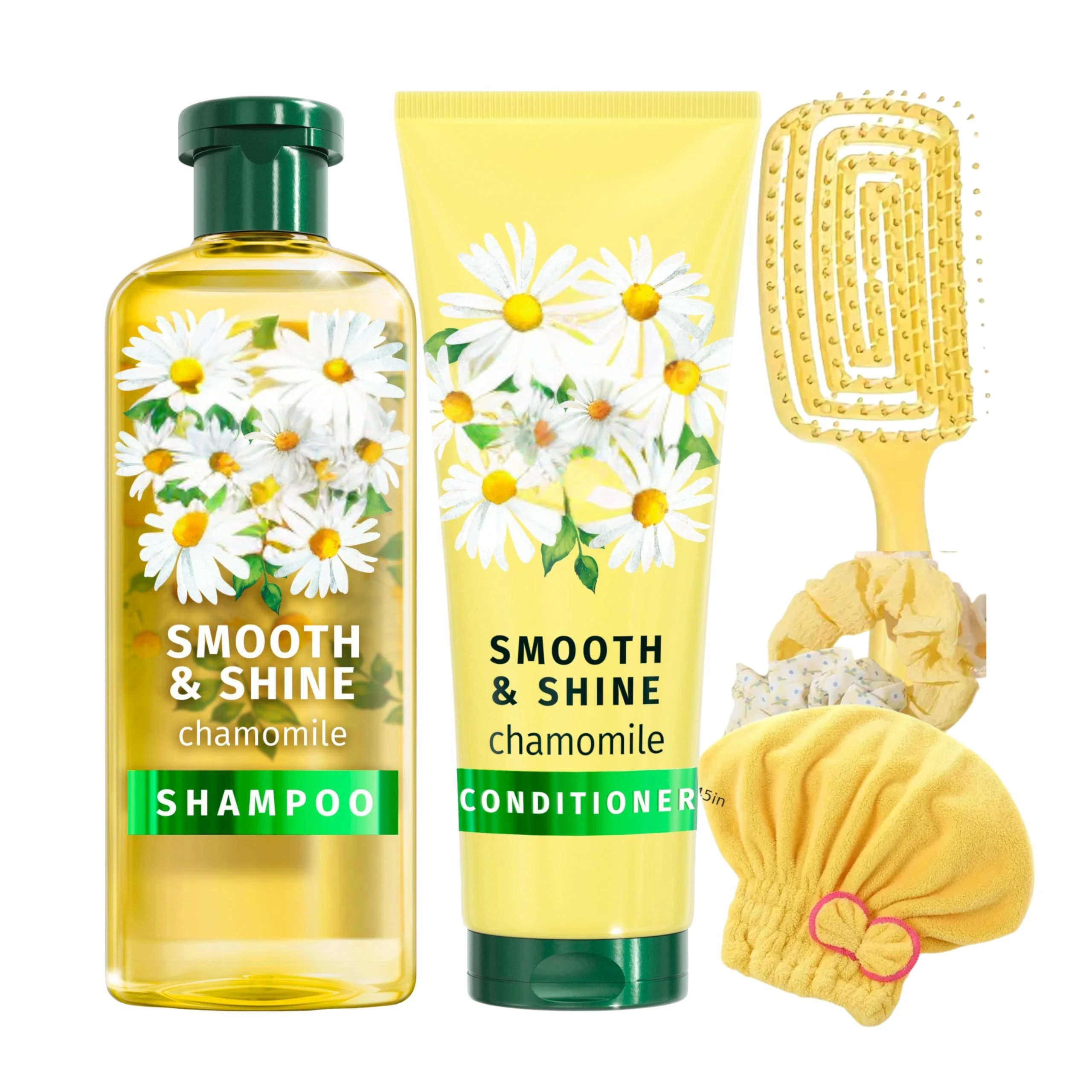 Chamomile Smooth & Shine Hair Care Set with Hairbrush, Shower Cap & Scrunchies Bundle With Herbal Essences Shampoo and Conditioner Nourishing Formula for Silky, Shiny Hair For Women.