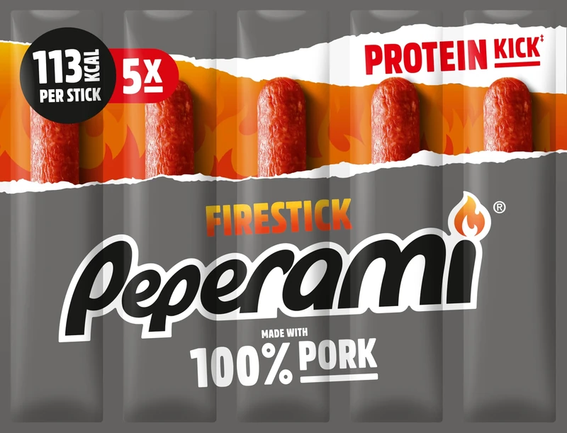 PEPERAMI Firestick, 22 Pack, 22 x 100 g, Extra hot, smoked pork salami sausage, made with 100% pork with protein kick, for on the go, the office, and lunch break