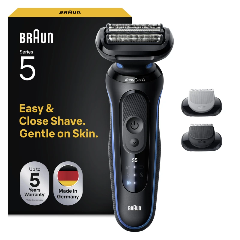 Braun Series 5 Men's Electric Shaver with 50 Minutes Battery Life, +2 Attachments, Wireless Wet and Dry Shaver for Men, Made in Germany, Waterproof, 52-B1650s, Blue