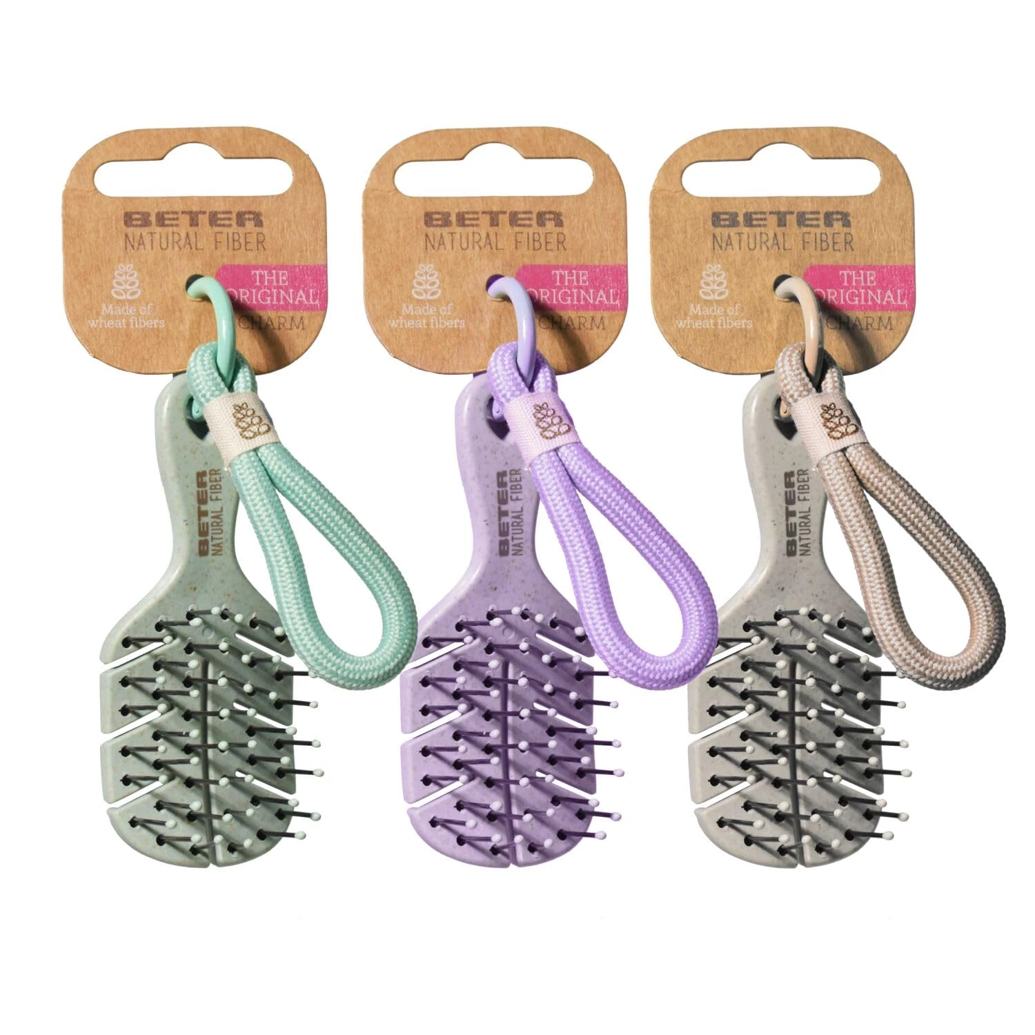 Beter - Pack of 3 Natural Fiber Charm Brushes, XSS Size, Includes Chain to Hang on Bag, Backpack, or Pants