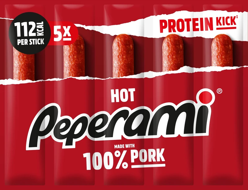 PEPERAMI Hot, 22 Pack, 22 x 100 g, Hot, smoked pork salami sausage, made with 100% pork with protein kick, for on the go, the office, and lunch break