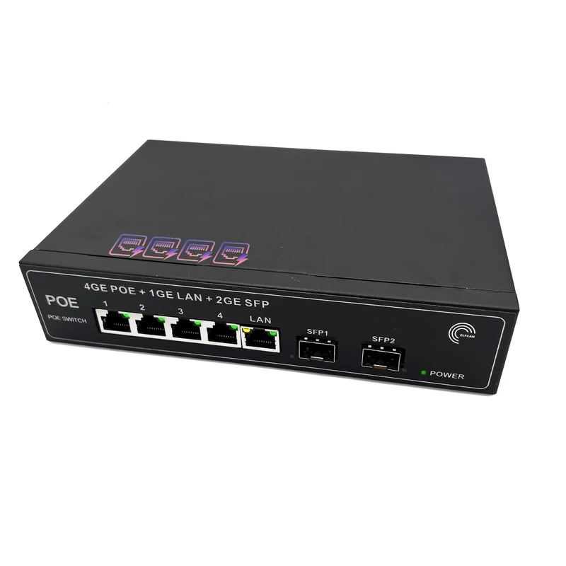 Elfcam - 1G & 10G Network Switches – SFP Uplink, PoE & Non-PoE, 4 to 16 Ports – With UK Plug-2 SFP 1.25G + 1 RJ45 Uplink + 4 RJ45 1G PoE Ports