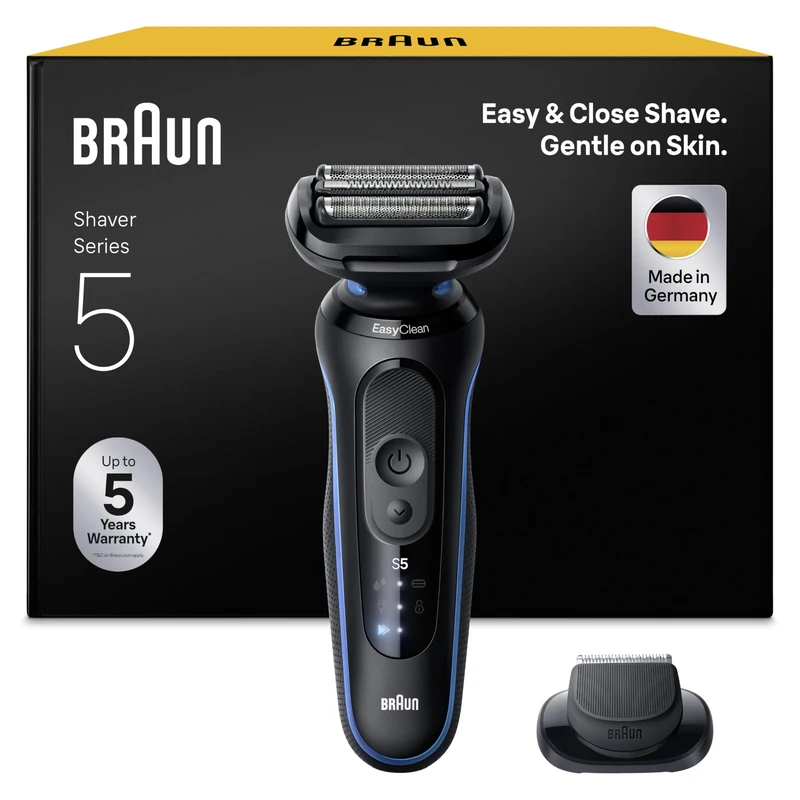 Braun Series 5 Electric Shaver, Up to 50 min, Precision Trimmer Attachment, Cordless, Wet & Dry Razor for Men, 100% Waterproof, 52-B1200SI, Blue