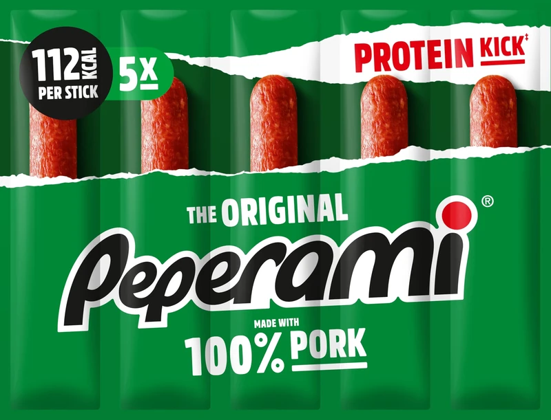 PEPERAMI Original, 22 Pack, 22 x 100 g, Smoked pork salami sausage, made with 100% pork with protein kick, for on the go, the office, and lunch break