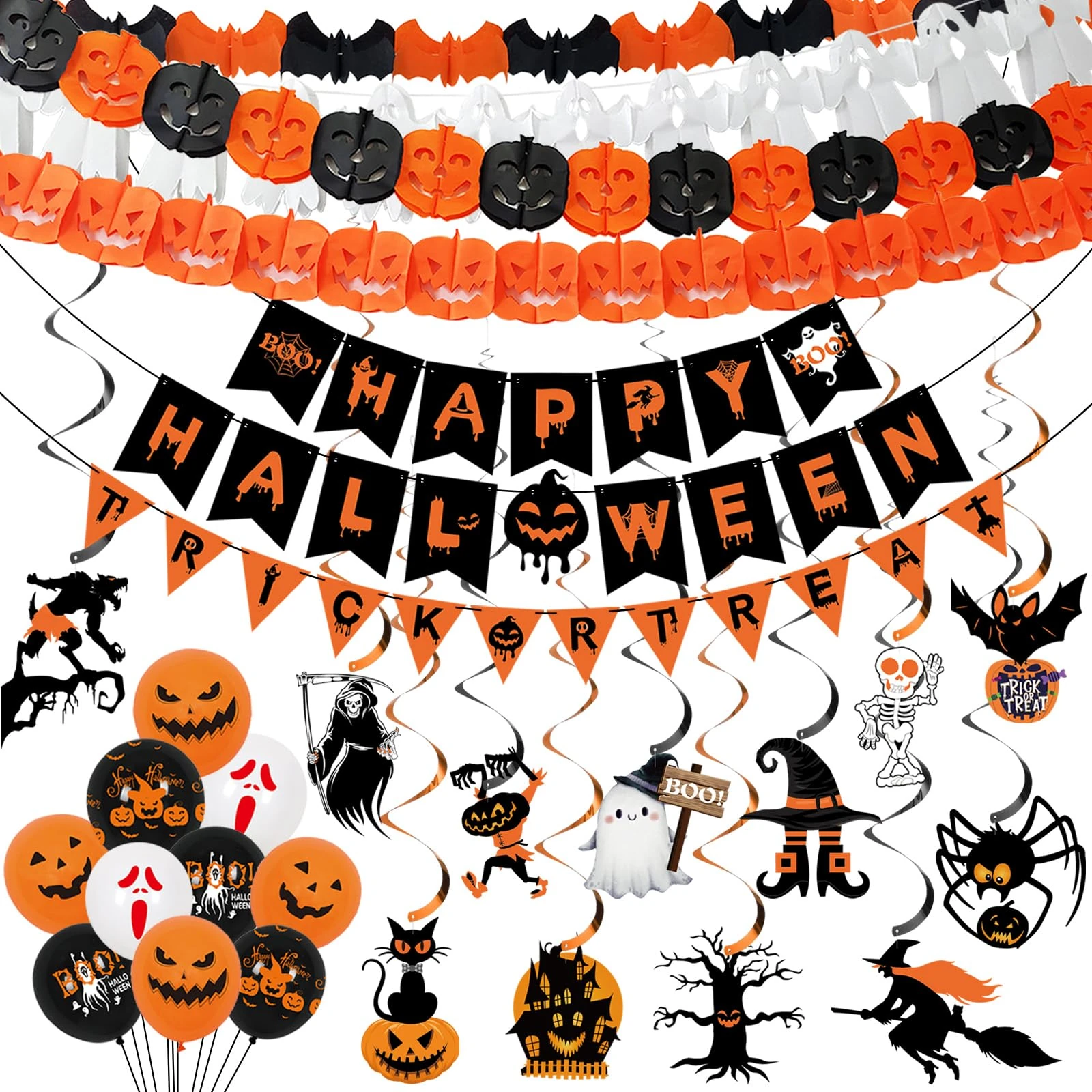 Xyxu Halloween Decorations Indoor Set - Reusable Happy Halloween Decor & Trick or Treat Banners, Ghosts Pumpkin Bat Bunting Garland, Spooky Witch, Skeleton, Spider Hanging Swirl for Party Decorations