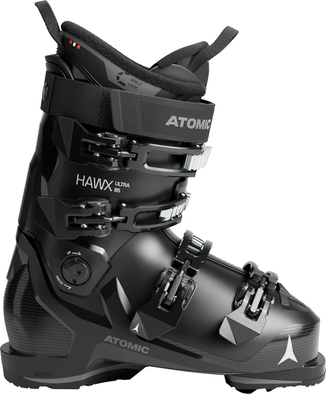 ATOMIC HAWX Ultra 85 W Ski Boots in Black/Anthracite - Size 42/43 - Slim Ski Boots with 98 mm Fit - Memory Fit Ski Boots Made of Robust PU Ski Shoes with 3D Stretch Toe Box