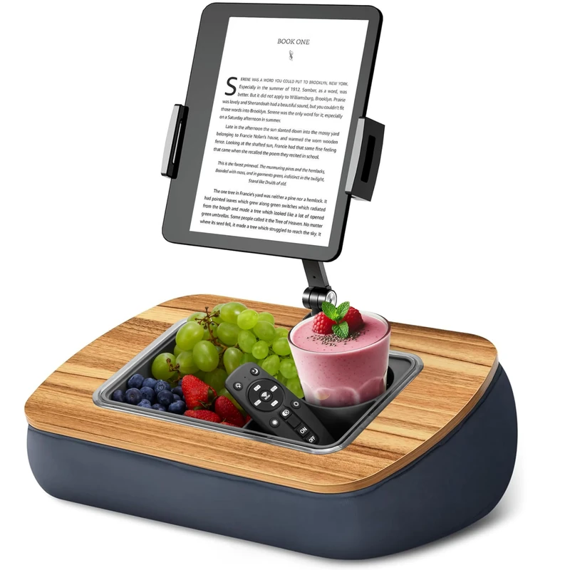 Kindle Holder for Reading in Bed with Removeable Snack Tray (Dish-Washable) with Cup Holder, 360° Adjustable Stand Compatible with 4.7-13" iPad/Phone/Tablet, Stable Cozy Beanbag/Cushion/Pillow for Lap