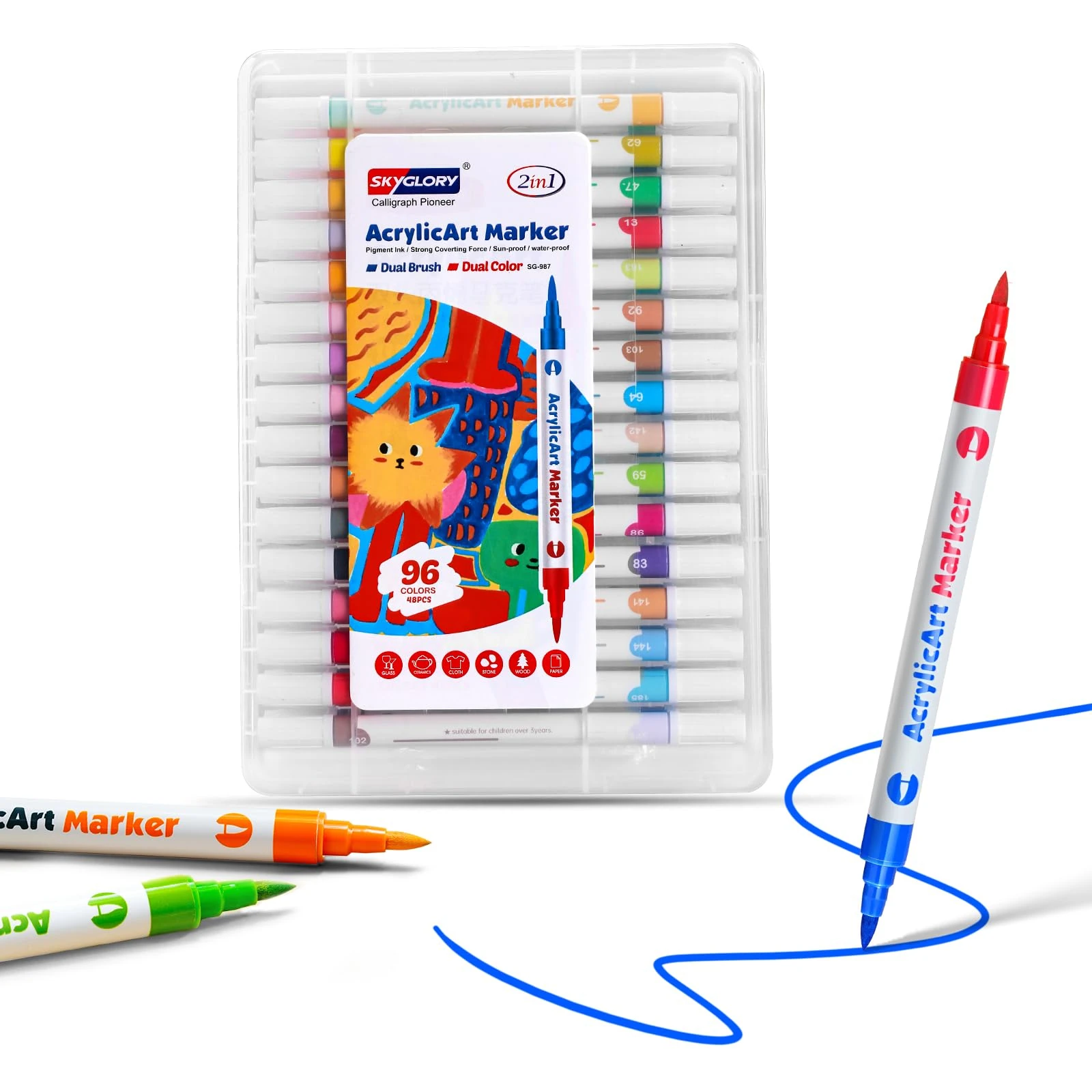 SKYGLORY 48 Pens 96 Colours Twin Brush Acrylic Marker Set, Professional Acrylic Marker Pen for Ultimate Creativity Art Supplies (48)