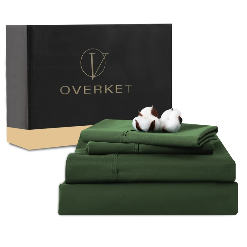 Overket 1000 Thread Count Egyptian Cotton Sheets Queen Size Set 4PCS Sateen Weave Soft Breathable 16-Inch Deep Pocket（Queen,Forest Green）