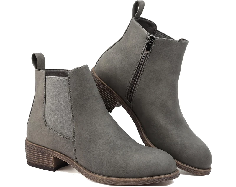 Ankle Boots for Women Waterproof Walking Boots Fashion Chelsea Booties Side Zip Low Heel Shoes Pointed Toe Casual Short Booties Grey