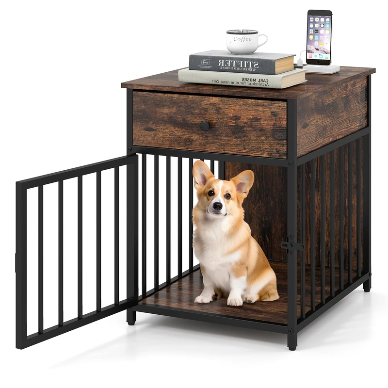 FANTASK Dog Furniture for Small and Medium Dogs, Wooden Dog Kennel, Dog House with Drawer and Metal Tubes - Image 1