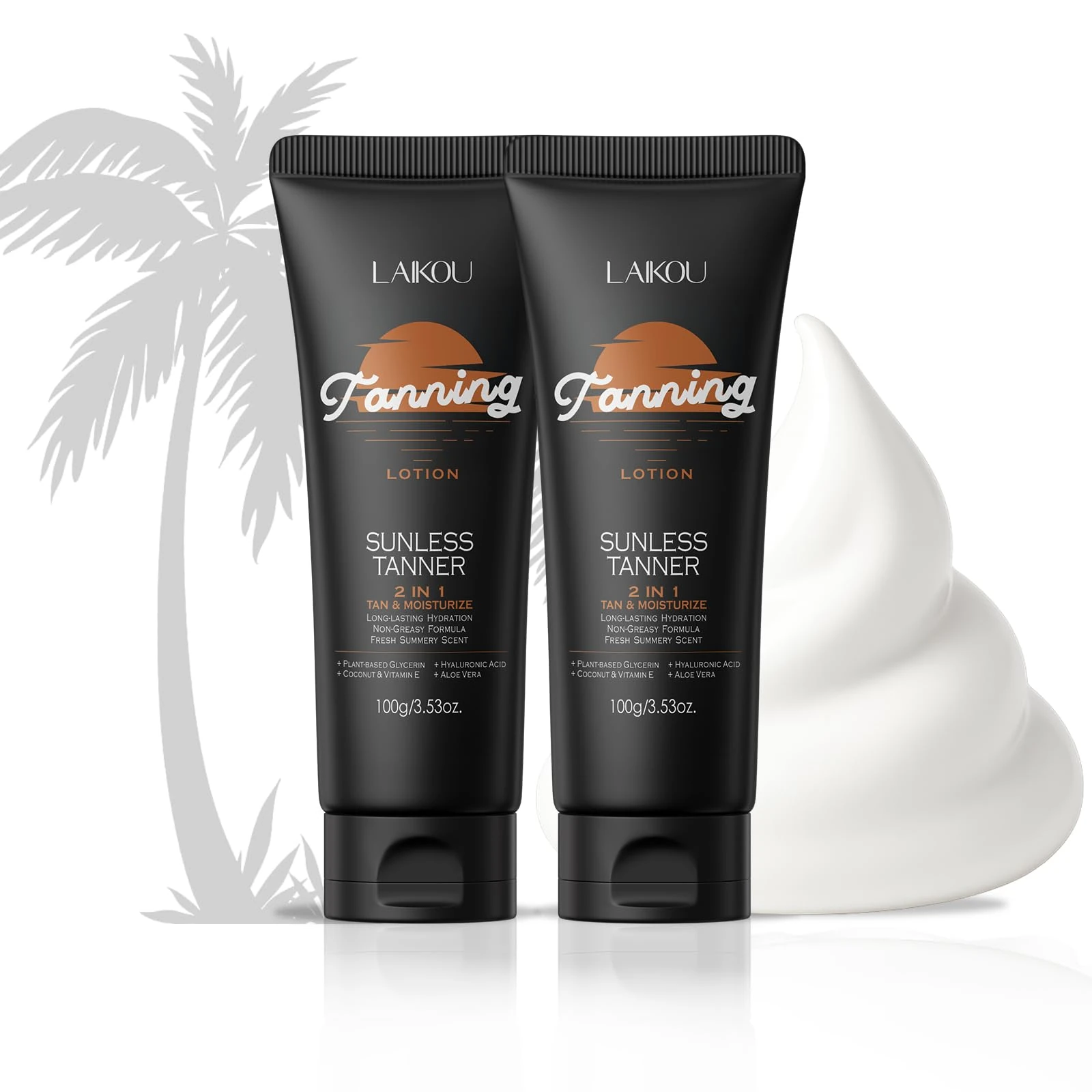 LAIKOU Tanning Lotion 2 x 100g, Natural Sun-Kissed Glow with Coconut Oil, Vitamin E & Shea Butter, Hydrating, Streak-Free, Fast-Acting Self Tan for Face & Body, Women & Men