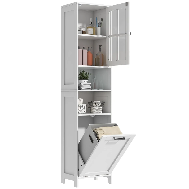 GoaHi 67.5" Tall Bathroom Storage Cabinet 40×30×171.5 cm– Slim Freestanding Cupboard with Laundry Basket, Clear Acrylic Door & 2 Open Shelves for Small Bathroom, Laundry Room, Hallway White