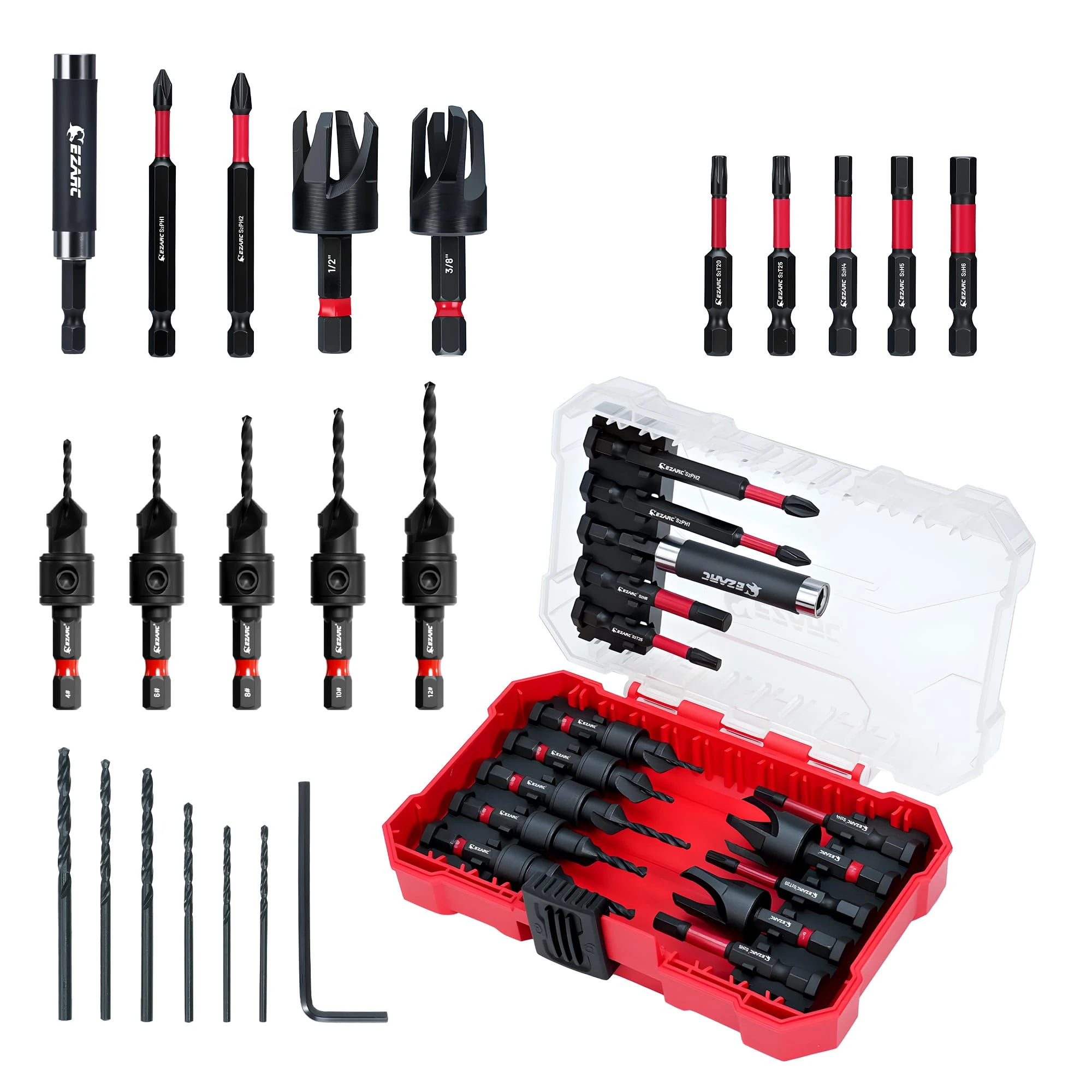 EZARC Countersink Drill Bit Set, 22 PCS Counter Sink Drill Bit with 2 Wood Plug Cutters, Magnetic Extension Bit Holder, 1/4" Hex Shank for Woodworking with Storage Box