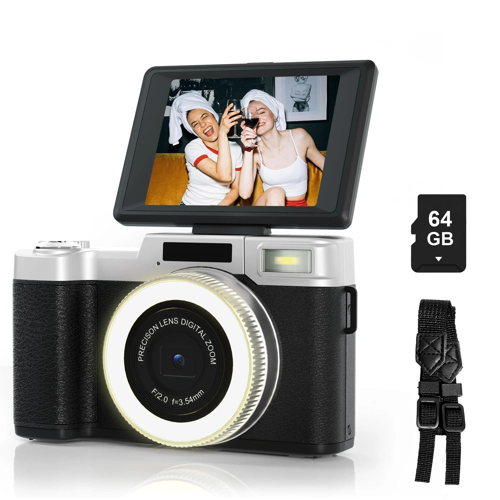 Appareil Photo Numérique 4K Camera vlog 64MP avec WiFi Appareil Photo Compact avec Carte TF de 33 Go Lumière Flash