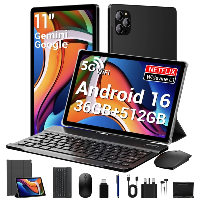 FLYCOAY Android 16 AI Tablet,11 Inch Android Tablets With 36GB RAM+512GB ROM(TF 2TB), Octa-Core, 8000 mAh, 8MP+13MP, 5G WIFI/BT 5.0/GPS, Tablet With Keyboard|Mouse|Case|Pen|Stand|Earphone|Black