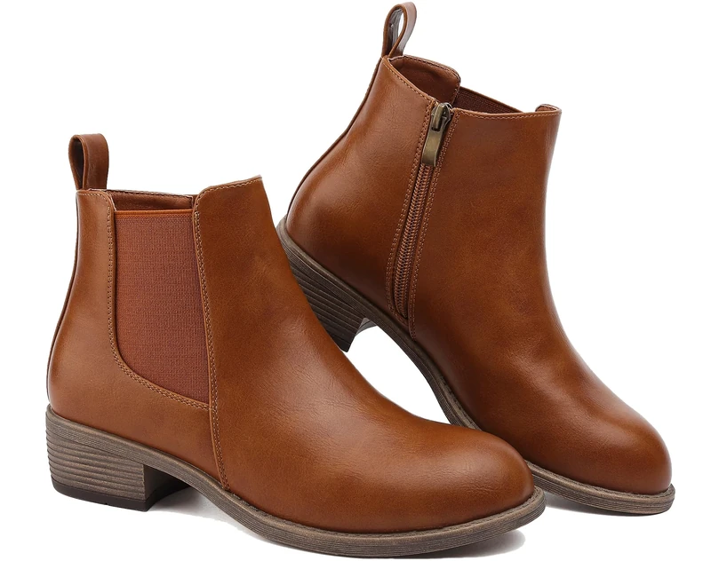 Ankle Boots for Women Waterproof Walking Boots Fashion Chelsea Booties Side Zip Low Heel Shoes Pointed Toe Casual Short Booties Brown