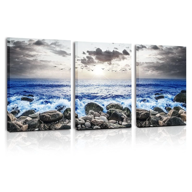 SERIMINO Beach Wall Art Set, Blue Coastal Landscape Wall Decor, Modern Ocean Paintings Art Prints Home Office Decoration, Seaside Canvas Pictures for Living Room Bedroom Bathroom 3 Pieces 16"X24"