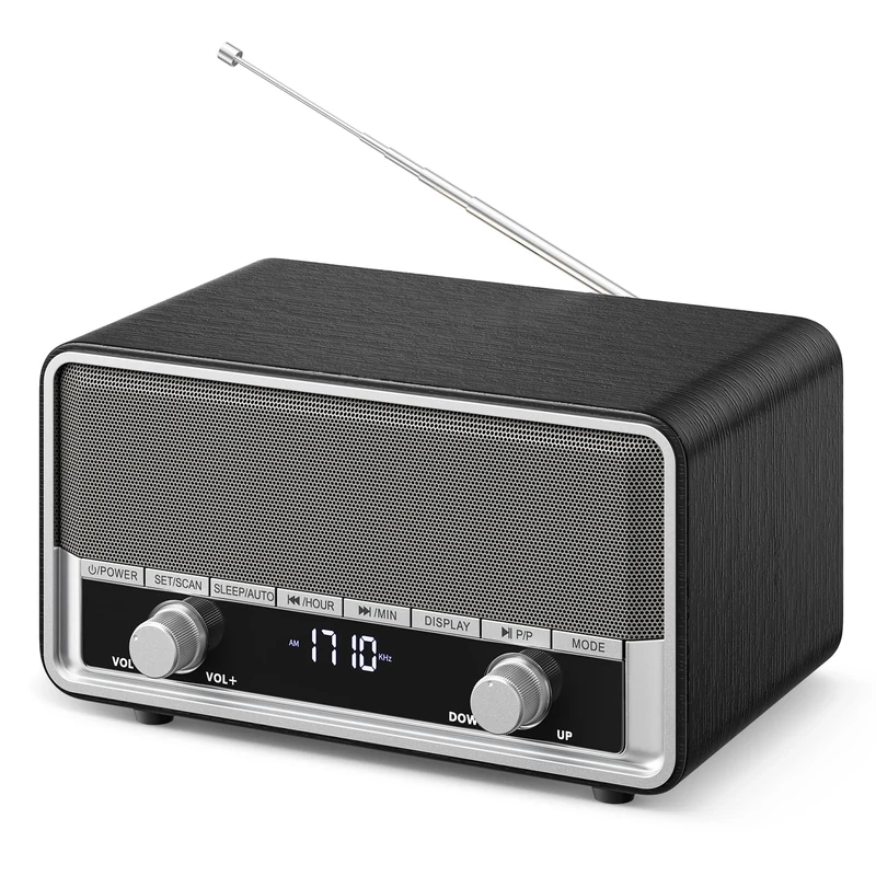 Vintage Wood AM FM Clock Radio with Bluetooth, Digital Clock Radio for Bedroom with LCD Display | 40 Presets | Sleep Timer | No Alarm, Retro Bluetooth Speaker for Office,Home, Kitchen (Space Black)