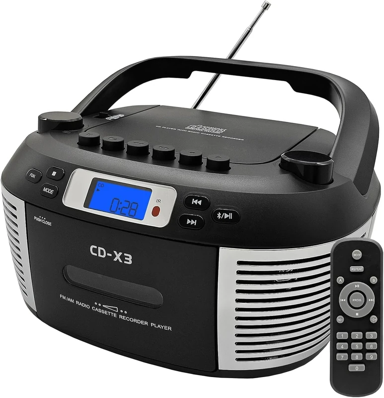 Portable CD & Cassette Player with Remote Control - Includes FM/AM Radio, USB Playback, Bluetooth Speaker, Recording Function and Mains/Battery Operated (Senior Friendly)