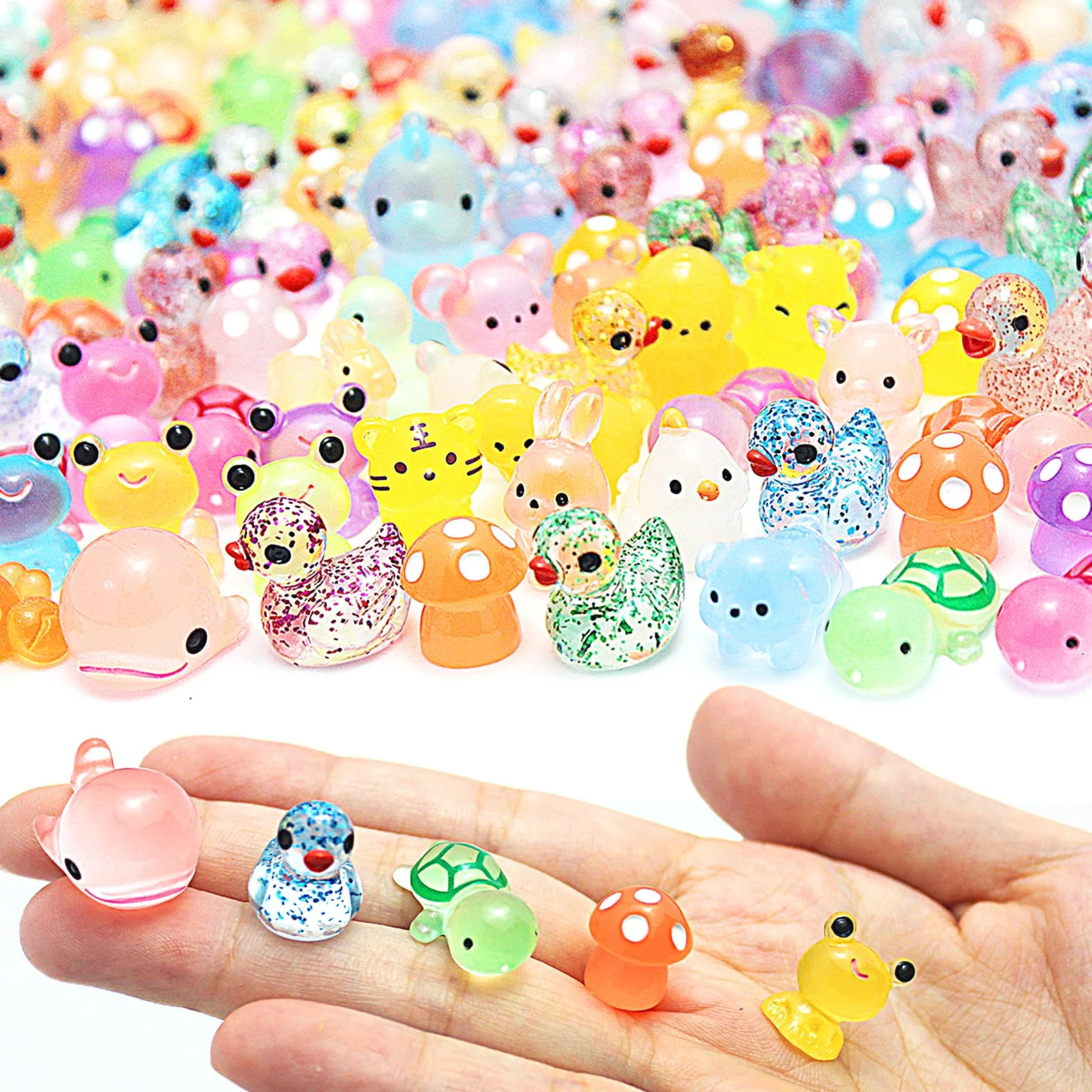 Enyoir 133PCS Mini Resin Animals Mixed, 20 Styles Luminous Small Glass Animals Tiny Little Plastic Figures Miniature Glow in the Dark for Micro Landscape Fairy Garden Aquarium