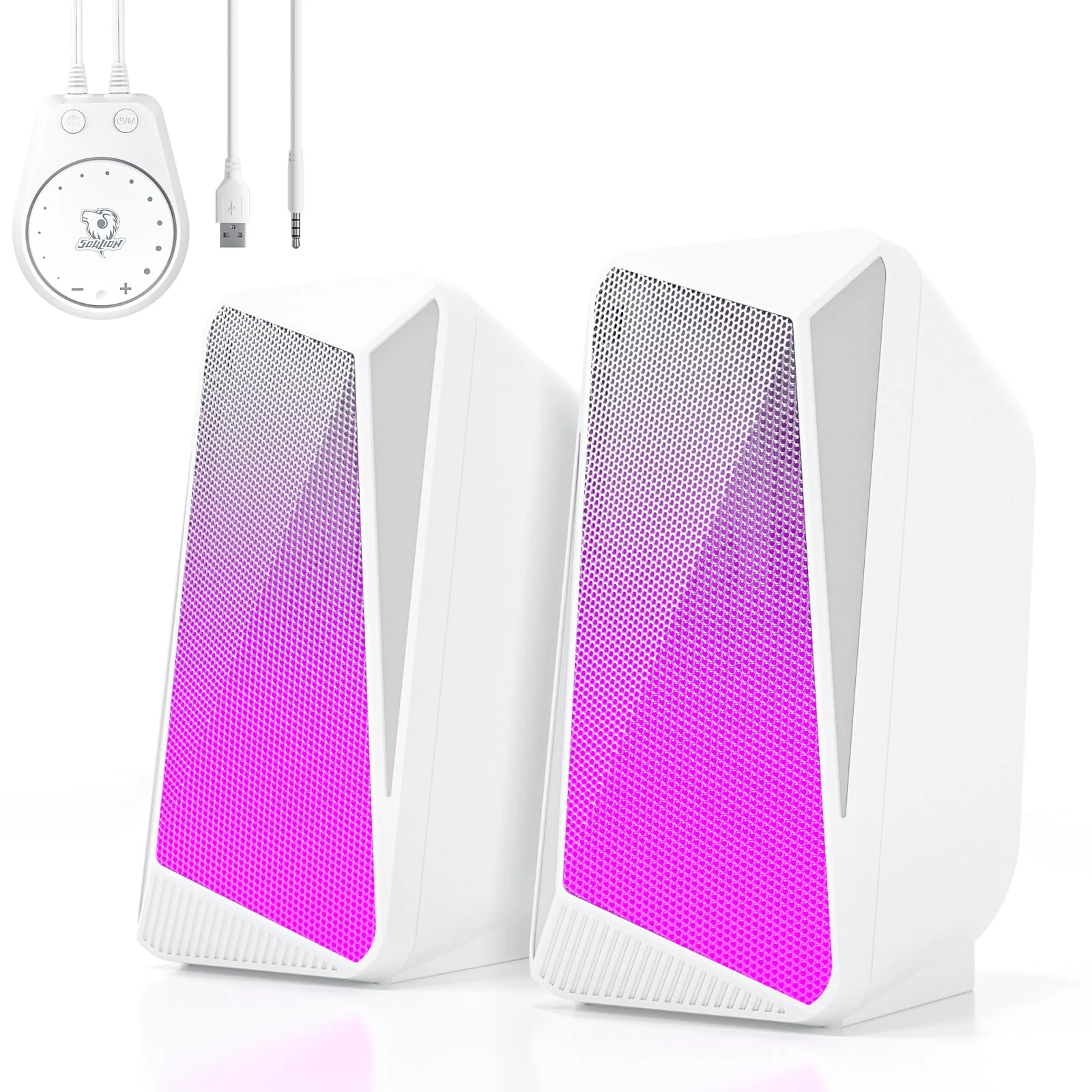 SOULION C30 Stereo 2.0 Bluetooth PC Speakers for Desktop Computer, Monitor, Laptop, Gaming, 3.5mm Aux input, USB Powered, Colourful LED Lighting, 1 Pair, white