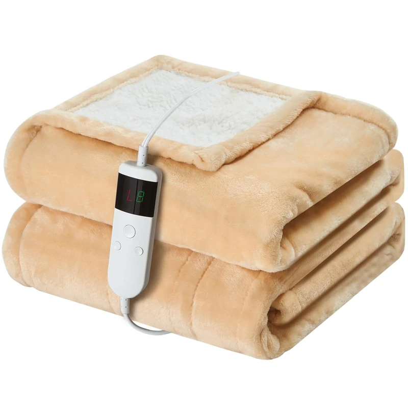 Qieryun Heated Electric Blanket 180x200cm Machine Washable Fleece & Sherpa Heated Blanket, Digital Controller, 10 Heating Settings, Automatically Turn Off After 8 Hours